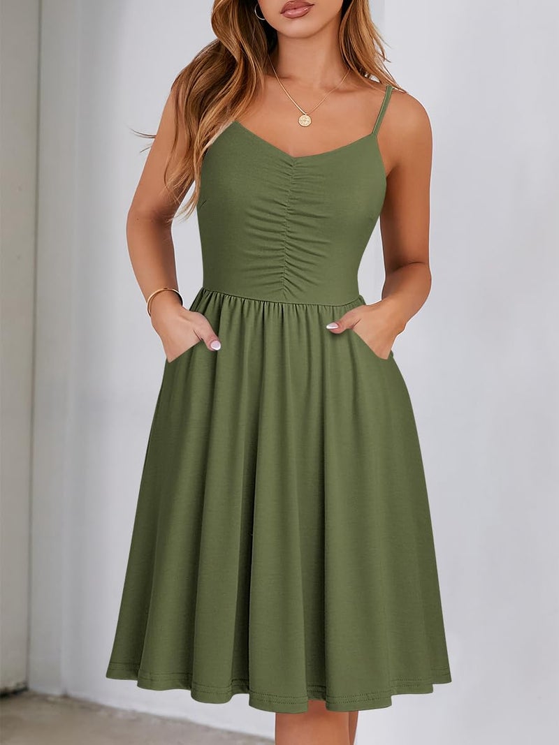 YATHON Women's Spaghetti Straps Party Sundress with Pockets Casual Beach Summer Dresses 2025(YT090-Army Green, L) - Image 3